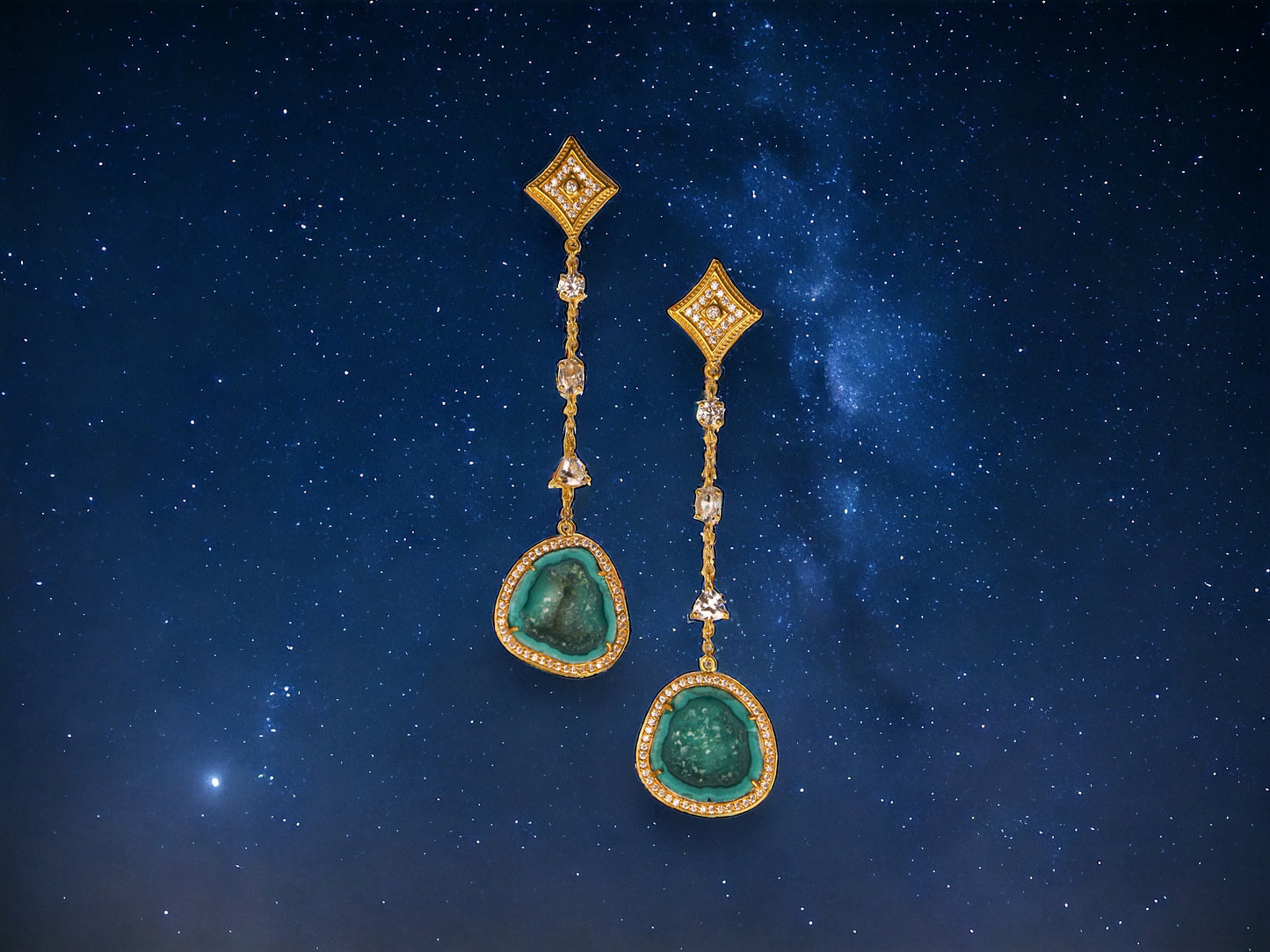 Emerald Green Geode and Crystal Gold Statement Drop Earrings