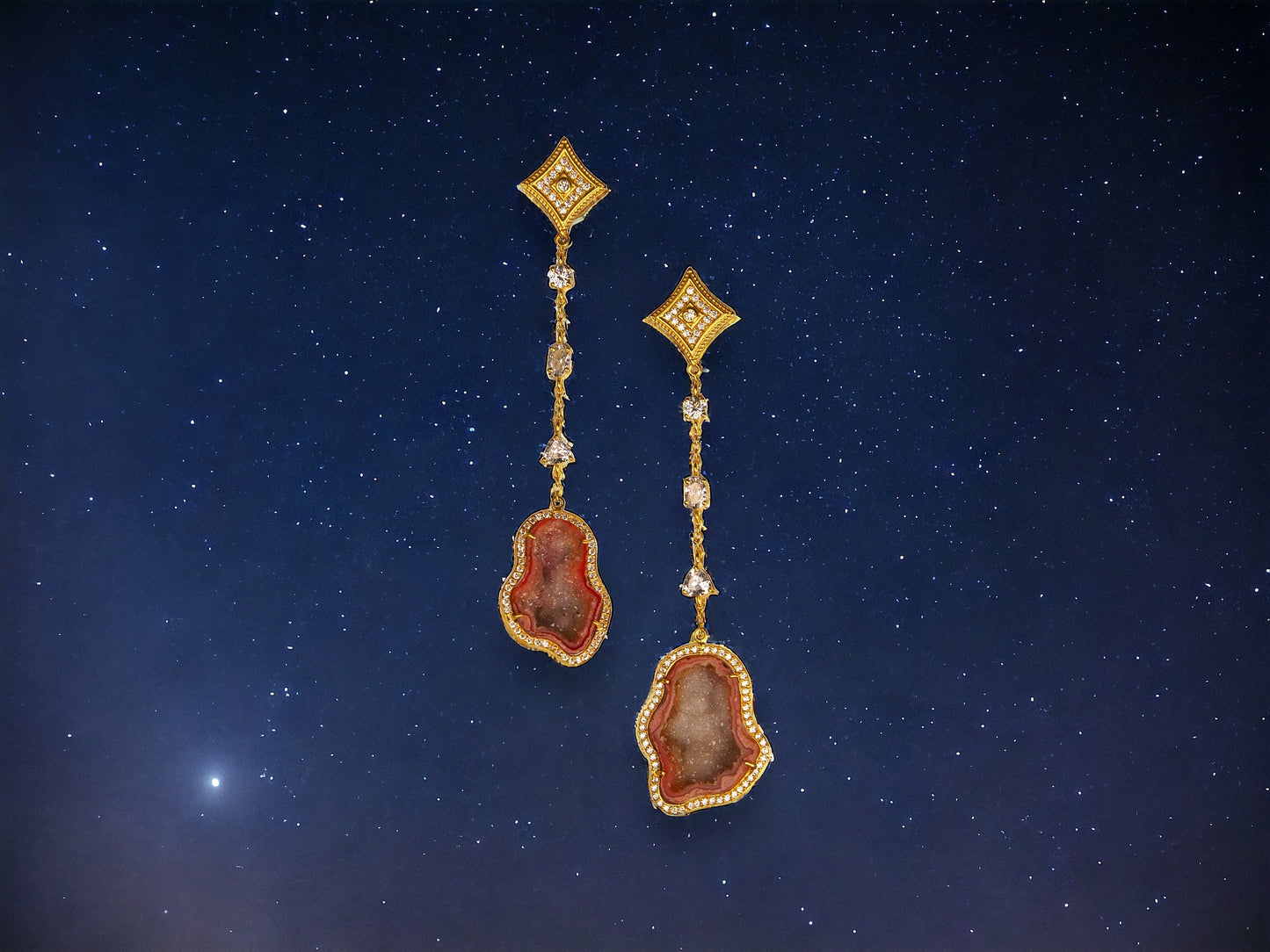 Orange Geode and Crystal Statement Drop Earrings