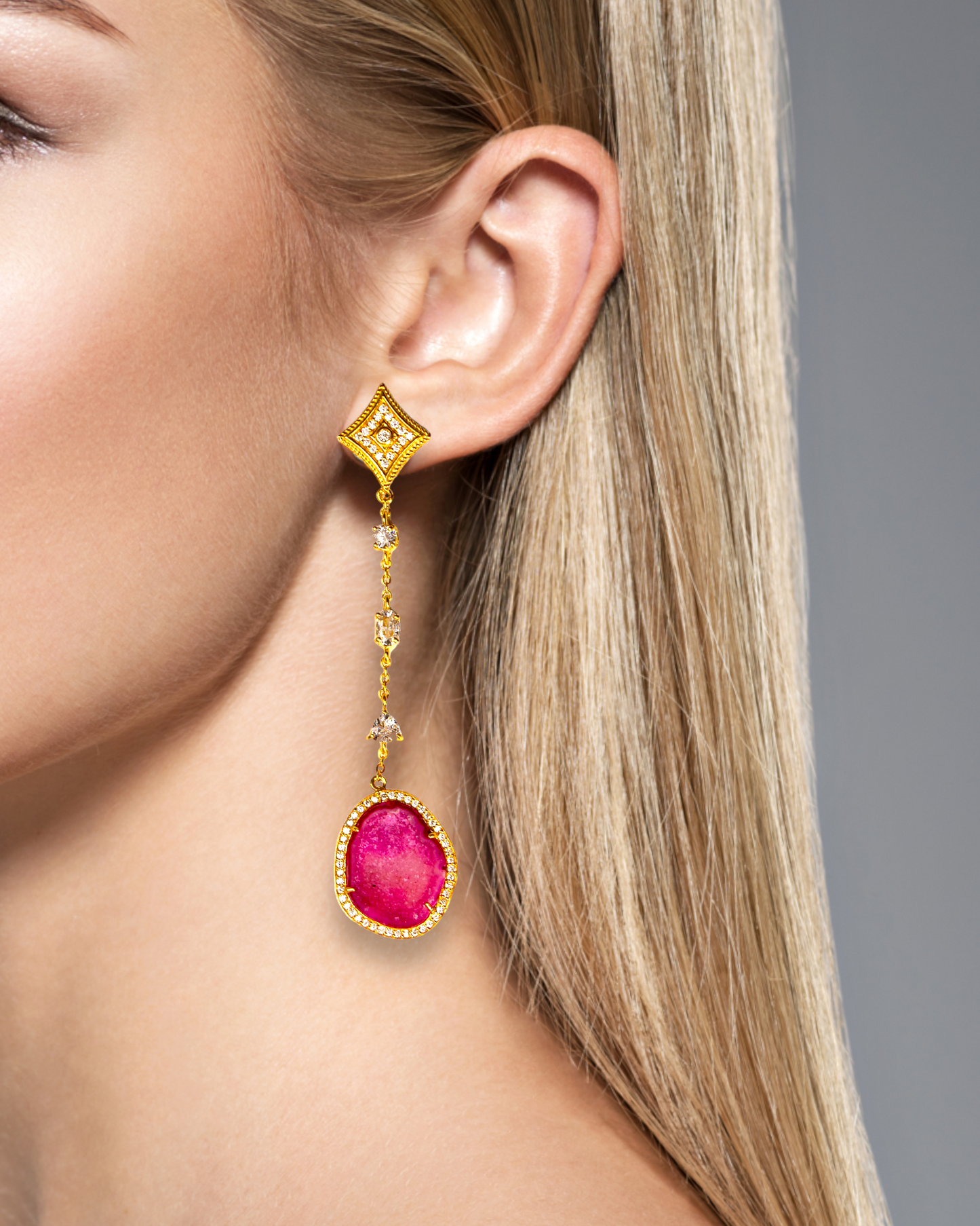 Hot Pink Geode and Crystal Gold Statement Drop Earrings