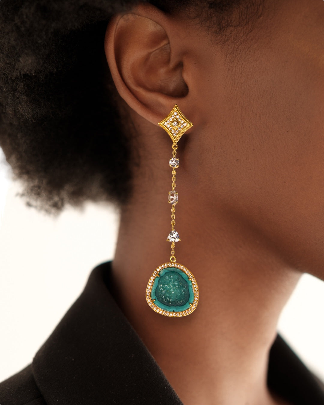 Emerald Green Geode and Crystal Gold Statement Drop Earrings