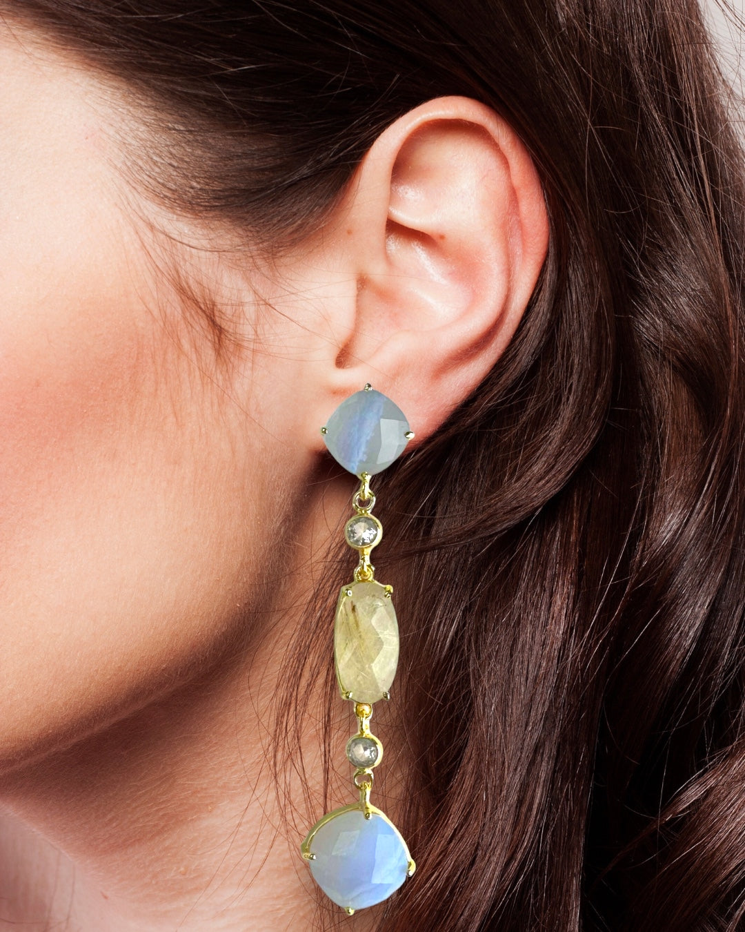 Delilah Gemstone Statement Earrings in Blue Lace Agate and Golden Rutilated Quartz