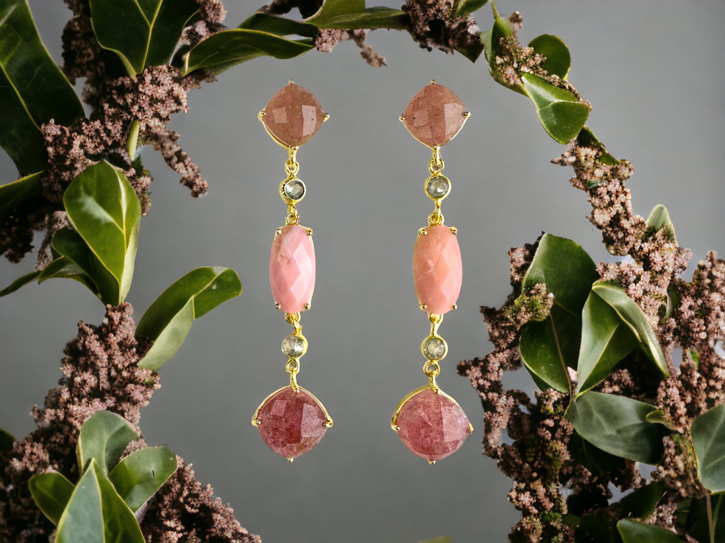 Camelia Gemstone Statement Earrings in Cherry Quartz and Pink Opal