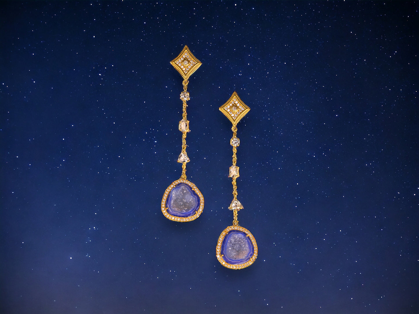 Royal Blue Geode and Crystal Gold Statement Drop Earrings