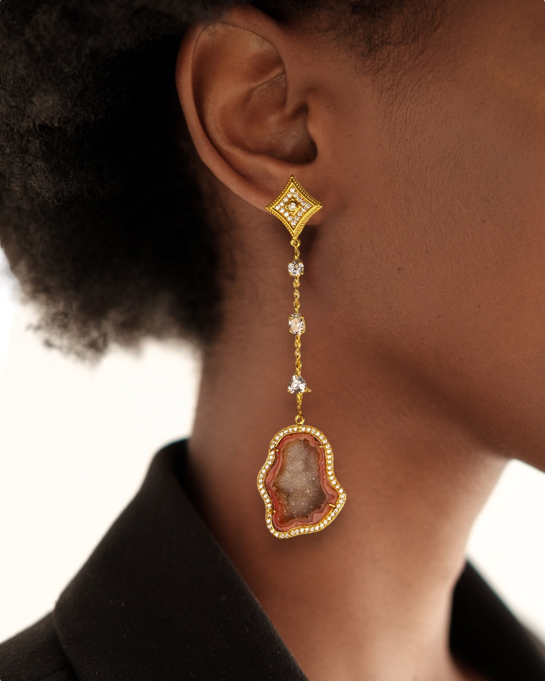 Orange Geode and Crystal Statement Drop Earrings