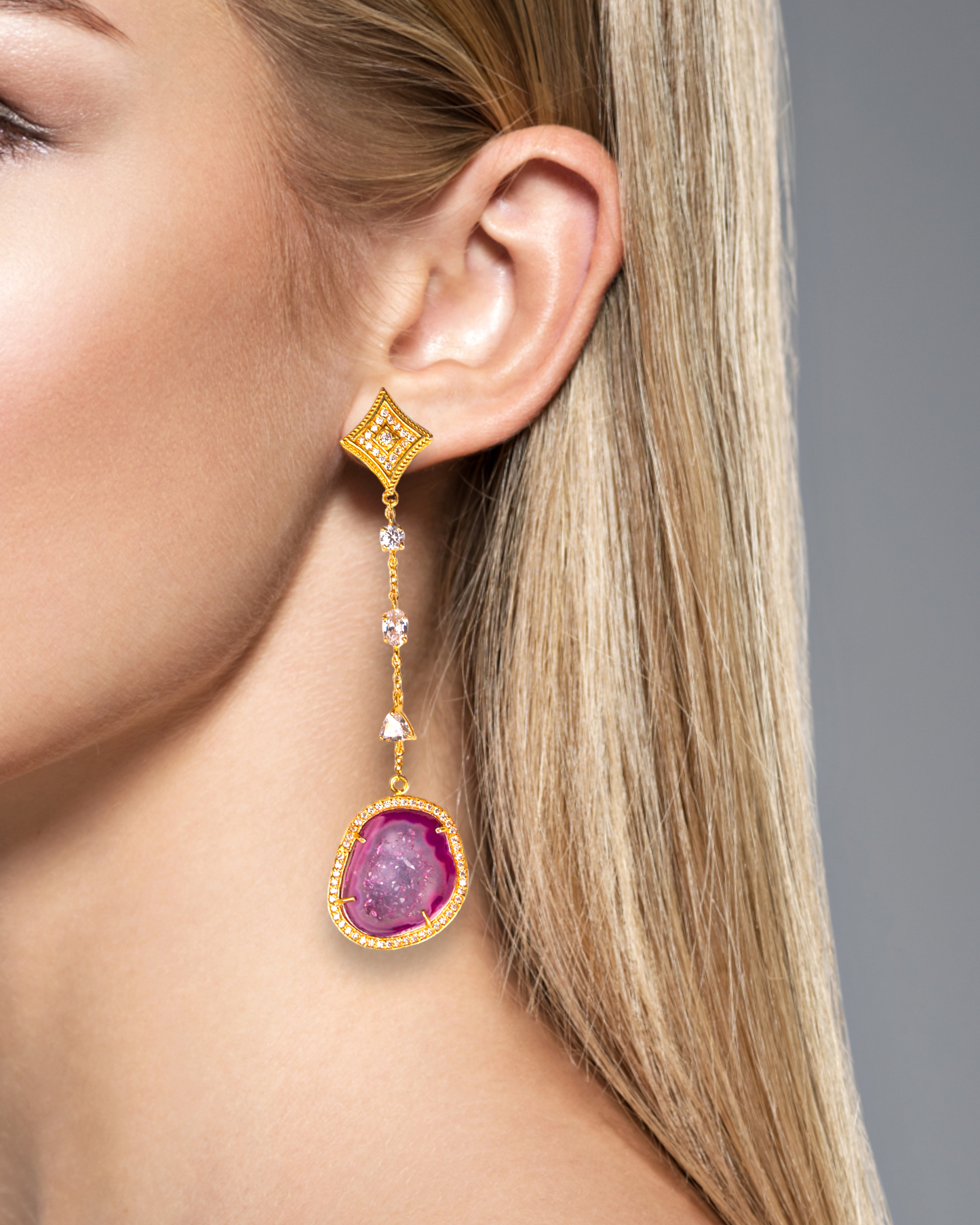 Wine Red Geode and Crystal Gold Drop Earrings