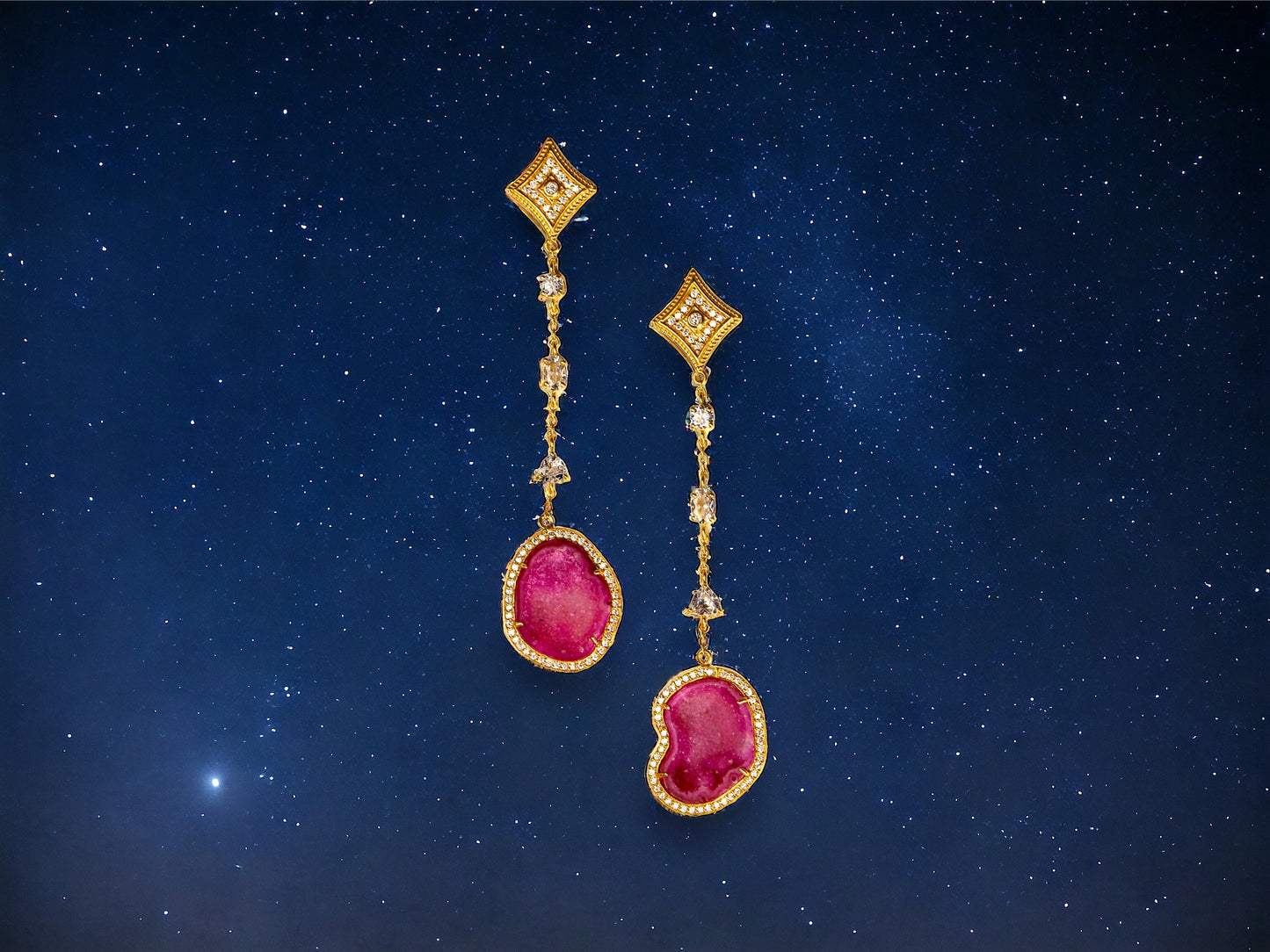 Hot Pink Geode and Crystal Gold Statement Drop Earrings