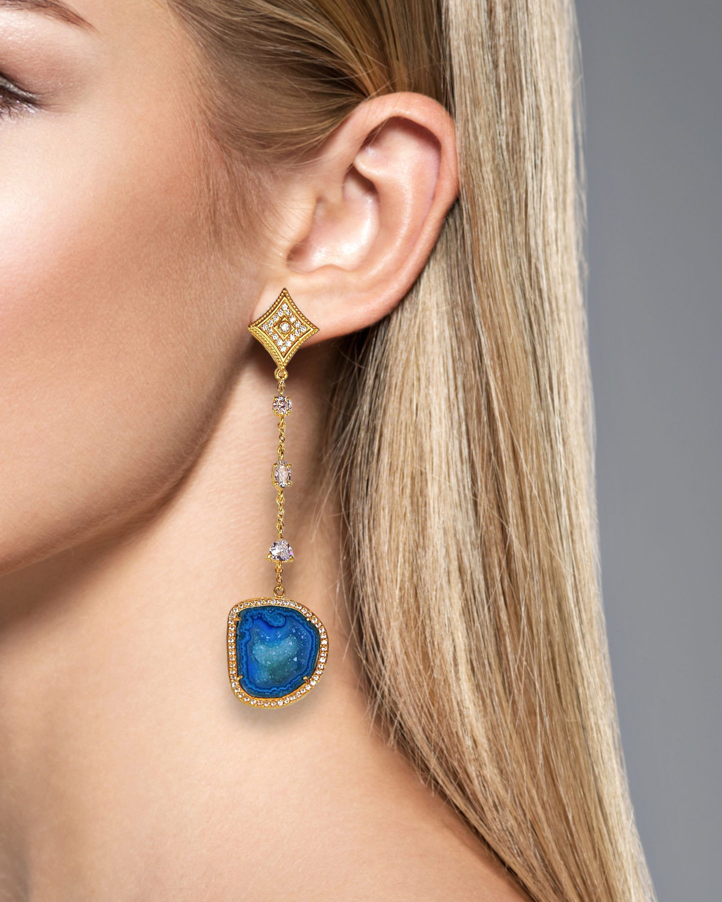 Blue Geode and Crystal Statement Drop Earrings