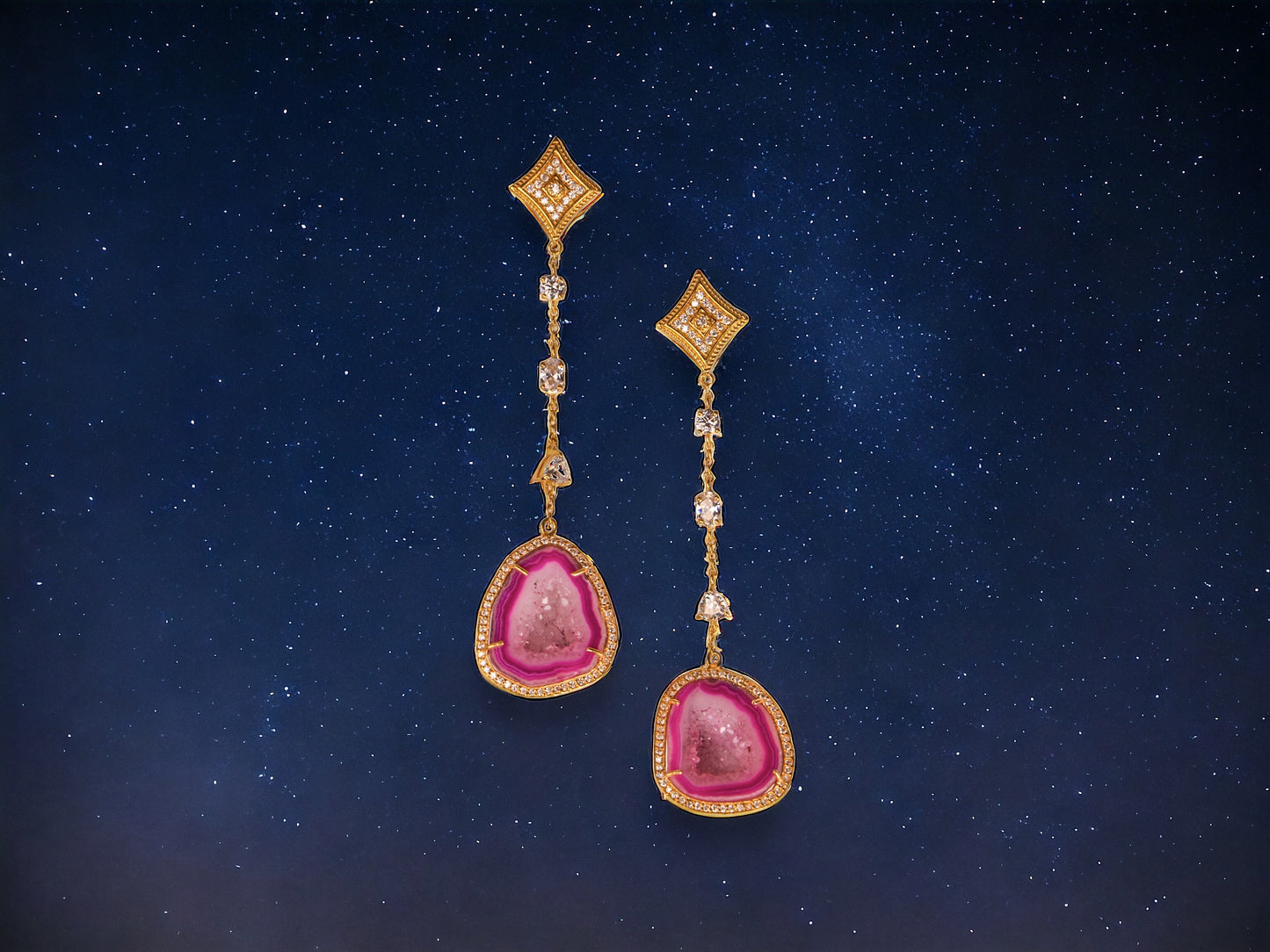 Fuchsia and Light Pink Geode and Crystal Gold Statement Drop Earrings