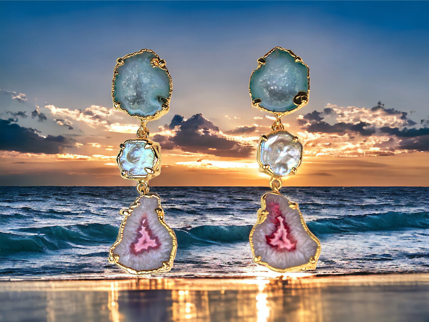 One of a Kind Pastel Blue Geode Earrings with Iridescent Pearl and Pink Agate