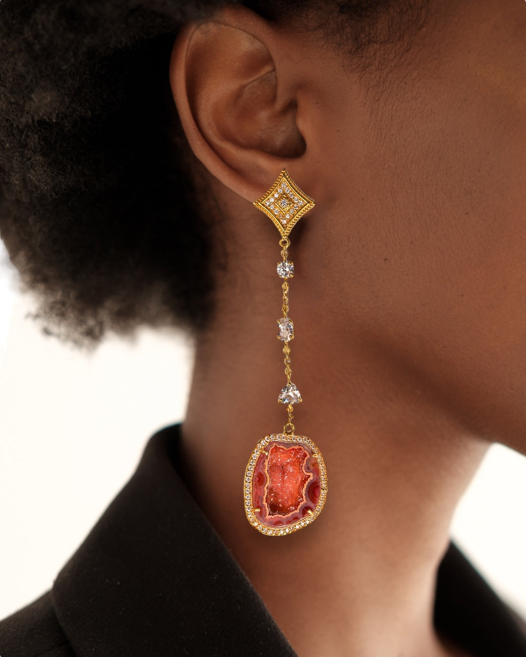 Dark Orange Geode and Crystal Gold Statement Drop Earrings