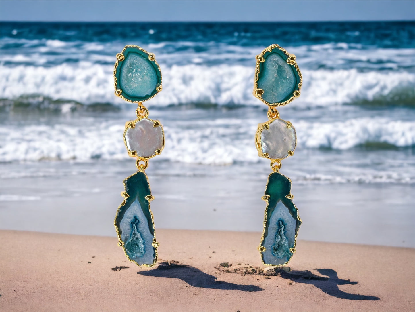 Vivienne Blue Geode and Pearl Earrings