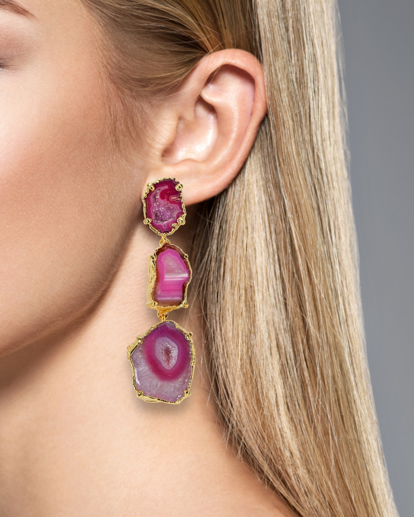 Leila Pink Striped Agate and Geode Statement Earrings