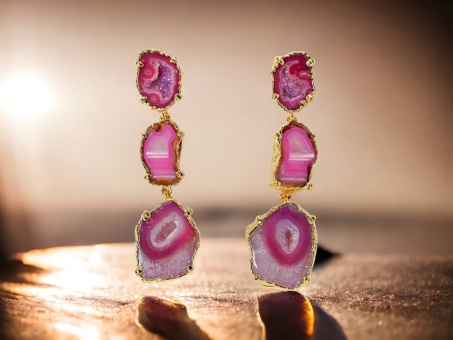 Leila Pink Striped Agate and Geode Statement Earrings