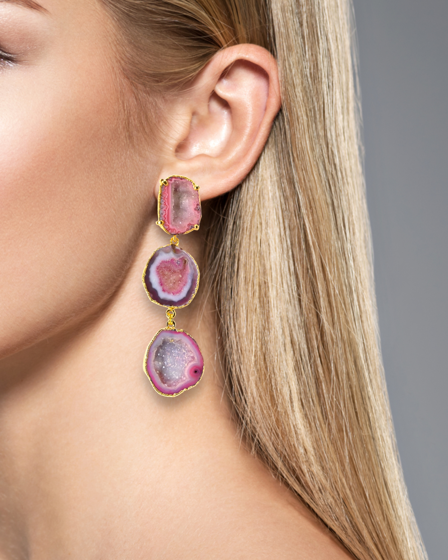 Imani Striped Pink Agate and Geode Statement Earrings